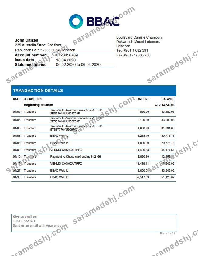Lebanon BBAC Bank statement
